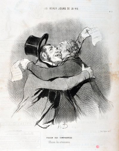 Grafika: Honore Daumier (1808-1879). Charivari pochodzi z 1845 roku: Serie LES BEAUX DAYS DE LA VIE. Połączenie spółek - Upadek wspólników. MUZEUM SZTUK PIĘKNYCH - PAŁAC LONGCHAMP, MARSEILLE autorstwa Honoré Daumier