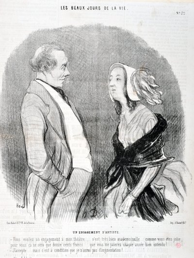 Dzieło sztuki autorstwa Honore Daumier (1808-1879). Charivari pochodzi z 1845 roku: Serie LES BEAUX DAYS DE LA VIE. Zaangażowanie artysty "Chce pan zaangażowania do mojego teatru... to bardzo dobrze panienko... jak pani jest ładna dla pani to będzie tylko  autorstwa Honoré Daumier