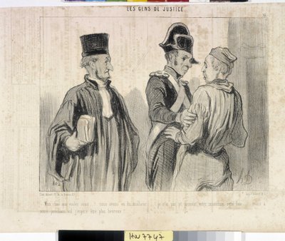 Grafika: Honore Daumier (1808-1879). Charivari pochodzi z 1845 roku: Serie LES PEANS DE SPRAWIEDLIWOŚCI. „” -Moja droga, czego chcesz… mieliśmy nieszczęście… tym razem nie mogłem udowodnić twojej niewinności… ale przy następnym locie mam nadzieję, że będę  autorstwa Honoré Daumier