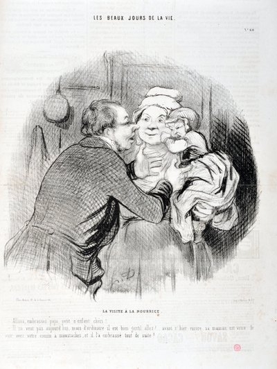 Grafika: Honore Daumier (1808-1879). Charivari pochodzi z 1848 roku: Serie Les beaux jours de la vie. Wizyta u pielęgniarki - Pocałujmy tatusia małe dziecko kochanie - On dziś nie chce ale zwykle...”” MUZEUM SZTUK PIĘKNYCH - PAŁAC LONGCHAMP, MARSEILLE autorstwa Honoré Daumier