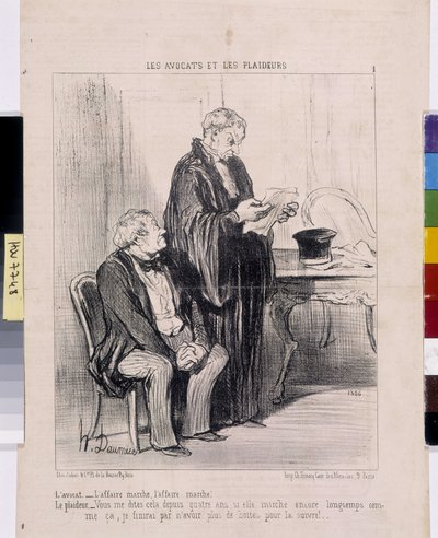 Grafika: Honore Daumier (1808-1879). Charivari pochodzi z 1851 roku: Serie LES Avocats et les litigants. „Prawnik – sprawa działa, sprawa działa! Prawnik – mówiłeś mi to od czterech lat, jeśli nadal chodzi tak długo, że w końcu będę miała mnie autorstwa Honoré Daumier