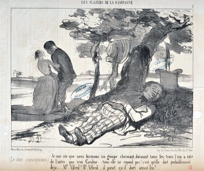 Grafika: Honore Daumier (1808-1879) Charivari pochodzi z 1853 roku: Serie LES PLAISIRS DE LA CAMPAGNE „” Jestem pewien, że tworzymy czarującą grupę, wszystkie trzy jedna na drugą… nie prawdziwa Caroline… rób nie odpowiadać! Pewnie już śpi autorstwa Honoré Daumier