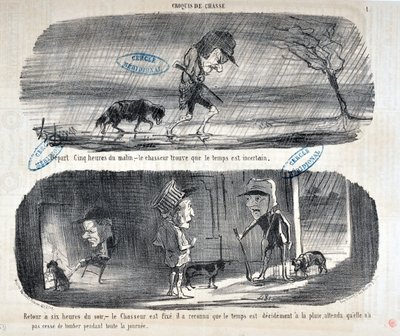 Grafika: Honore Daumier (1808-1879) Charivari pochodzi z 1853 roku: Serie Sketches de Chasse „” Wyjazd Pięć godzin du matin, - le chasseur stwierdza, że pogoda jest niepewna”” „” Powrót do szóstej wieczorem, - myśliwy jest naprawiony, rozpoznał, że autorstwa Honoré Daumier