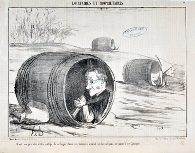 Grafika: Honore Daumier (1808-1879) Charivari pochodzi z 1854 roku: Serie TENNIQUES ET OWNIRES „” Trochę trudno jest zostać zmuszonym do pozostania w beczce, kiedy nie ma się być cynicznym”” MUSEE DES FINE ARTS - PALAIS LONGCHAMP, MARSEILLE autorstwa Honoré Daumier