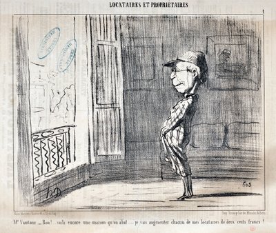 Grafika: Honore Daumier (1808-1879) Charivari pochodzi z 1854 roku: Serie TENNIQUES ET OWNIRES „” Mr Vautour - Bon!... To kolejny rozwalany dom... Każdego z moich lokatorów powiększę o dwieście franków! ” MUZEUM SZTUK PIĘKNYCH - PAŁAC LONGCHAMP, autorstwa Honoré Daumier