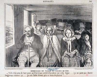 Grafika: Honore Daumier (1808-1879) Charivari pochodzi z 1855 roku: Serie Actualites de voyage en railroad „” -Oto ponad osiem dni, w których nie zdarzył się wypadek na tej linii... tak długo nie może trwać. .. przepraszam, że jechałam tym pociągiem autorstwa Honoré Daumier