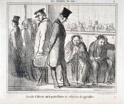 Grafika: Honore Daumier (1808-1879). Charivari pochodzi z 1855 roku: Serie LES Chemins de fer „”Poczekalnia lub kwadrans nieprzyjemnych refleksji”””MUSEE DES BEAUX ARTS – PALAIS LONGCHAMP, MARSEILLE autorstwa Honoré Daumier