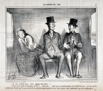 Grafika: Honore Daumier (1808-1879). Charivari pochodzi z 1857 roku: Serie LES RAILWAYS „” Wydaje mi się, że się wykoleimy!... Boisz się na kolei?... ja nie... moje życie jest ubezpieczone na sto tysięcy franków... nie chcę się nawet martwić autorstwa Honoré Daumier