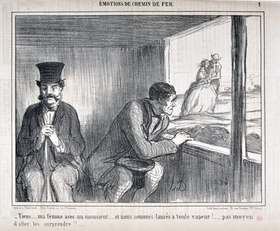 Grafika Honore Daumiera (1808-1879) Charivari pochodzi z 1858 roku: Serie EMOTIONS EN Chemin de fer - „Tutaj... moja żona z dżentelmenem... i idziemy pełną parą!... nie ma mowy o zaskoczeniu im!!...” MUZEUM SZTUK PIĘKNYCH - PAŁAC LONGCHAMP, MARZEC autorstwa Honoré Daumier