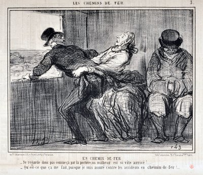 Grafika: Honore Daumier (1808-1879). Charivari pochodzi z 1858 roku: Serie LES RAILWAYS By Railroad „” -Więc nie patrz tak przez drzwi, nieszczęście nadchodzi tak szybko!... „Co mnie to obchodzi, skoro jestem ubezpieczony od wypadków na kolej autorstwa Honoré Daumier