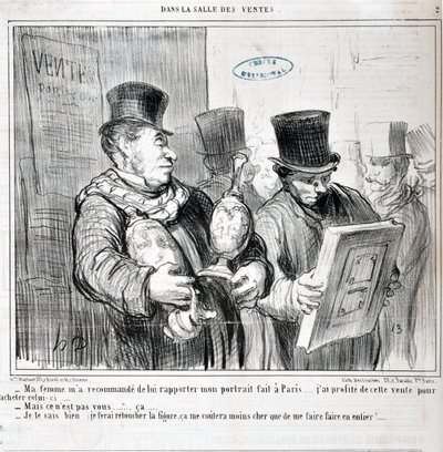 Grafika: Honore Daumier (1808-1879). Charivari pochodzi z 1859 roku: Serie W SPRZEDAŻY „” - Żona poleciła mi przywieźć jej portret zrobiony w Paryżu... Skorzystałem z tej wyprzedaży, żeby kupić ten... -Ale to nie ty... ca. .. - wiem o tym, zrobię t autorstwa Honoré Daumier