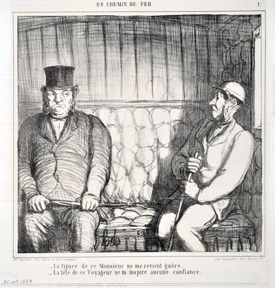 Grafika: Honore Daumier (1808-1879). Charivari pochodzi z 1864 roku: Serie LES CHAINS DE RAILWAY „” – Postać tego pana już mi nie przypomina. - głowa tego podróżnika budzi we mnie brak zaufania””” MUZEE DES BEAUX ARTS - PALAIS LONGCHAMP, MARSE autorstwa Honoré Daumier