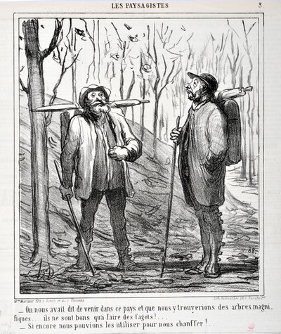 Grafika: Honore Daumier (1808-1879). Charivari pochodzi z 1864 r.: Serie LES LANDSAGISTS „” – Powiedziano nam, żebyśmy przyjechali do tego kraju i że znajdziemy piękne drzewa… są dobre do robienia pedałów!… „Gdybyśmy mogli ich użyć do ogrzania nas!. ..” MU autorstwa Honoré Daumier