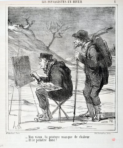 Grafika: Honore Daumier (1808-1879). Charivari pochodzi z 1864 roku: Serie LES LANDSAGISTS IN WINTER „” - Mój staruszku, twojemu obrazowi brakuje ciepła - A malarz tak! „” MUZEUM SZTUK PIĘKNYCH – PAŁAC LONGCHAMP, MARSEILLE autorstwa Honoré Daumier