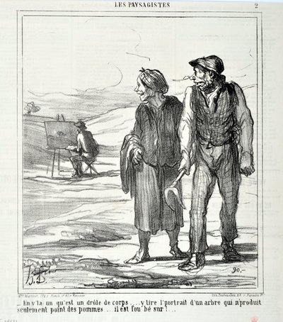 Grafika: Honore Daumier (1808-1879). Charivari pochodzi z 1864 roku: Serie LES LANDSAGISTS „” – W tym, który jest zabawnym ciałem… rysuje portret drzewa, które nie produkuje tylko jabłek… szaleje za nim!…” MUZEUM SZTUK PIĘKNYCH - PAŁAC LONGCHAMP, autorstwa Honoré Daumier