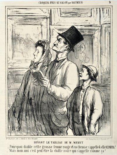 Grafika: Honore Daumier (1808-1879) Charivari pochodzi z 1865: Serie CRUQUIS PAUIT W SALONIE Przed obrazem Maneta „” -Dlaczego do cholery jest ta wielka czerwona kobieta w koszuli o nazwie Olympia? - Ale moim przyjacielem może być czarny kot, który tak się autorstwa Honoré Daumier