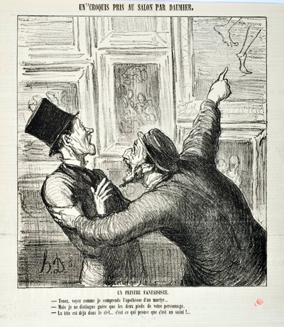 Grafika: Honore Daumier (1808-1879). Charivari pochodzi z 1865 roku: Seria szkiców zrobionych w salonie Kapryśny malarz. „Tutaj, zobacz, jak rozumiem apoteozę męczennika… „Ale widzę tylko dwie stopy twojej osoby. autorstwa Honoré Daumier