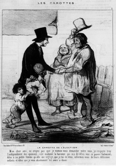 Kandydat na wizytę wyborczą w rodzinie chłopskiej: „Marchewka wyborcza” – karykatura Daumiera, w „Charivari” z 21.03.1844 autorstwa Honoré Daumier