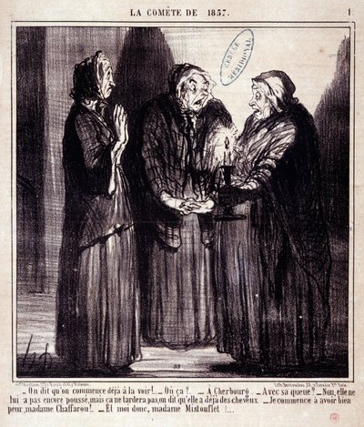 Kreskówka o nauce. Serie Sur „” Comete of 1857””: „” Mówią, że już ją widzimy!...”” Grawer Honore DAUMIER (1808-1879). Wyciąg z gazety „Le Charivari” z 7 marca autorstwa Honoré Daumier