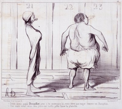 Kreskówka o występach. Seria „Kąpiący się””: Powiedz ojcu Drouillet...”” Grawerowanie autorstwa Honore DAUMIER (1808-1879). Wyciąg z gazety „Le Charivari””. Wymiary 25x36cm. box 12 Marseille, Musee des Beaux-Arts, Palais Longchamps, Collection Arts Graphi autorstwa Honoré Daumier