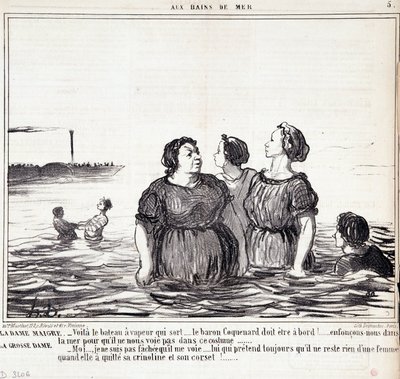 Kreskówka o wyglądzie i modzie. Seria „Les Bains de Mer””: „”Chuda dama (...), gruba dama (...)” Rycina Honore DAUMIER (1808-1879). Wyciąg z gazety „Le Charivari” z 16 września autorstwa Honoré Daumier