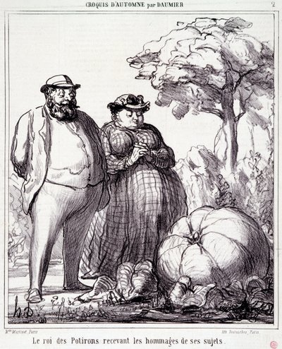 Kreskówka o ogrodnictwie. Seria „”Szkic jesienny”””””: „”Król dyni odbierający hołdy od swoich poddanych””. Grawerowanie autorstwa Honore DAUMIER (1808-1879). Wyciąg z gazety „Le Charivari” z 23 września autorstwa Honoré Daumier