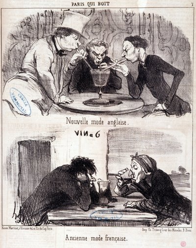 Kreskówka o nadużyciach gastronomicznych. Seria „Paris qui drinki”: nowa moda angielska i stara francuska moda. Grawerowanie autorstwa Honore DAUMIER (1808-1879). Wyciąg z gazety „Le Charivari” 23 czerwca 1852 wym. 37x26 cm Inv D 2312 - pudełko 24 N¡7. Mar autorstwa Honoré Daumier