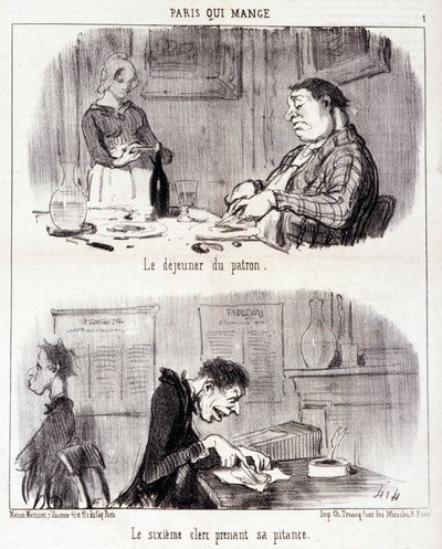 Kreskówka o nadużyciach gastronomicznych. Serie „” Paris qui mange””: śniadanie szefa. Szósty urzędnik żałuje. Grawerowanie autorstwa Honore DAUMIER (1808-1879). Wyciąg z gazety „Le Charivari” z 26 czerwca autorstwa Honoré Daumier
