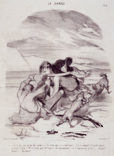 Kreskówka o myśliwych. Seria „Piękne dni życia – polowanie””: „”Mówię ci, że kazałam mu odejść…”” Grawer Honore DAUMIER (1808-1879). Wyciąg z gazety „Le Charivari” z 10 stycznia autorstwa Honoré Daumier