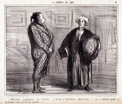 Kreskówka o nauce. Serie „” On the Comete of 1857””: „” Mossieu, zostawiam twoją służbę...”” Grawerowanie autorstwa Honore DAUMIER (1808-1879). Wyciąg z gazety „Le Charivari” z 13 marca autorstwa Honoré Daumier