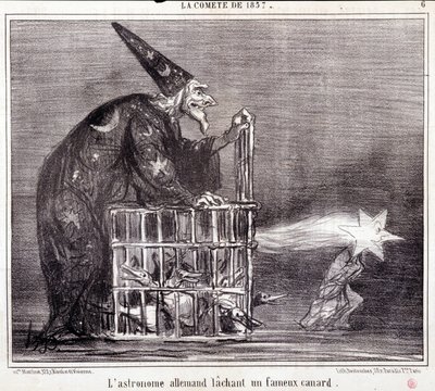 Kreskówka o nauce. Serie Sur „”Koeta 1857”””””: „”Niemiecki astronom opuszcza słynną kaczkę”””. Grawerowanie autorstwa Honore DAUMIER (1808-1879). Wyciąg z gazety „Le Charivari”” 2 marca autorstwa Honoré Daumier