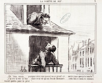 Kreskówka o nauce. Serie Sur „” Comete of 1857”””: „” Dobry sąsiedzie… dlaczego tak wielki płacz…”” Grawer Honore DAUMIER (1808-1879). Wyciąg z gazety „Le Charivari” z 11 marca autorstwa Honoré Daumier