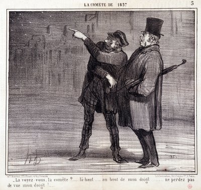 Kreskówka o nauce. Serial na temat „”Komety 1857”: „”Widzisz komitet?...” Złodziej odwraca uwagę ofiary. Grawerowanie autorstwa Honore DAUMIER (1808-1879). Wyciąg z gazety „Le Charivari”” 19 marca autorstwa Honoré Daumier