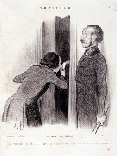Kreskówka o parze. Seria „Piękne dni życia”: „Kochanek zbyt szczęśliwy...” Grawer Honore DAUMIER (1808-1879). Wyciąg z gazety „Le Charivari” z 1 września autorstwa Honoré Daumier