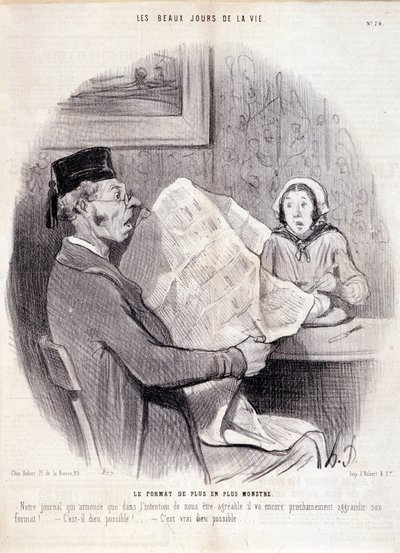 Kreskówka o prasie. Seria „Piękne dni życia””: „”Coraz bardziej potworny format…””. Grawerowanie autorstwa Honore DAUMIER (1808-1879). Wyciąg z gazety „Le Charivari” z 18 października autorstwa Honoré Daumier