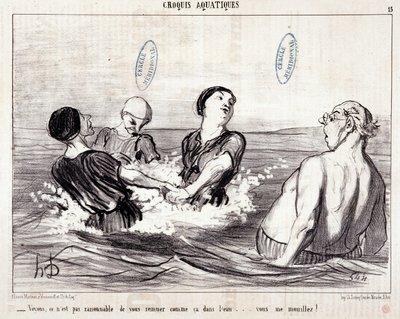 Kreskówka o turystach na wakacjach nad morzem. Seria „Les Bains de Mer””: „”Szkic wodny. Zobaczmy, że nie jest rozsądne mieszać cię w ten sposób w wodzie... zmoczyłeś mnie!” Grawerowanie autorstwa Honore DAUMIER (1808-1879). Wyciąg z gazety „Le Chariv autorstwa Honoré Daumier
