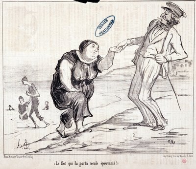 Kreskówka o turystach na wakacjach. Serie „” Axe Bains de Mer: „” Powódź, która przyniosła to z powrotem przerażające! Grawer „” Honore DAUMIER (1808-1879). Wyciąg z gazety „Le Charivari”” autorstwa Honoré Daumier
