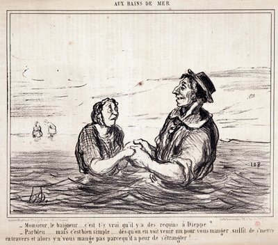 Kreskówka o turystach na wakacjach. Serie „” aux Bains de Mer””: „” Monsieur le bathneur... czy to prawda, że w Dieppe są rekiny?...” Grawerowanie autorstwa Honore DAUMIER (1808-1879). Wyciąg z gazety „Le Charivari” z 8 czerwca autorstwa Honoré Daumier