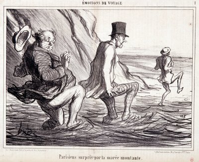 Kreskówka o turystach na wakacjach. Seria „” Axe Bains de Mer: „” Podróżnicze emocje. Paryżanka złapana przez wschodzącą klacz””. Grawerowanie autorstwa Honore DAUMIER (1808-1879). Wyciąg z gazety „Le Charivari” z 8 października autorstwa Honoré Daumier