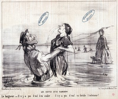 Kreskówka o turystach na wakacjach. Seria „Les Bains de Mer””: „”Szkic wodny. Sekwencje nurkowania””. Grawerowanie autorstwa Honore DAUMIER (1808-1879). Wyciąg z gazety „Le Charivari” z 1853 r. Wymiary: 24x28cm. Inv 2453 - pudełko 12 N¡1. Marsylia, M autorstwa Honoré Daumier