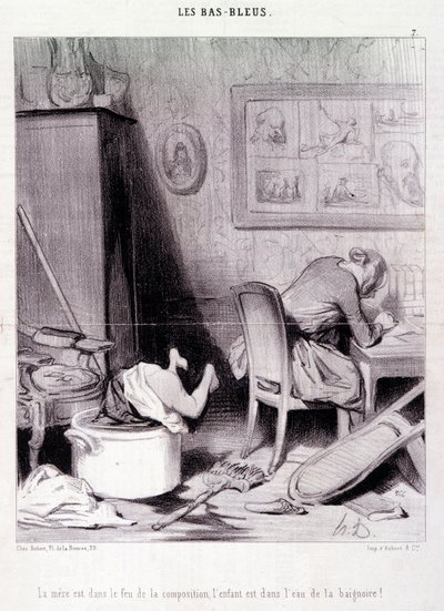 Kreskówka o kobietach pisarzy. Serie „” Bas Bleus””: „” Matka jest w ogniu kompozycji, dziecko jest w wodzie wanny! Grawer „” Honore DAUMIER (1808-1879). Wyciąg z gazety „Le Charivari” z 20 lutego autorstwa Honoré Daumier