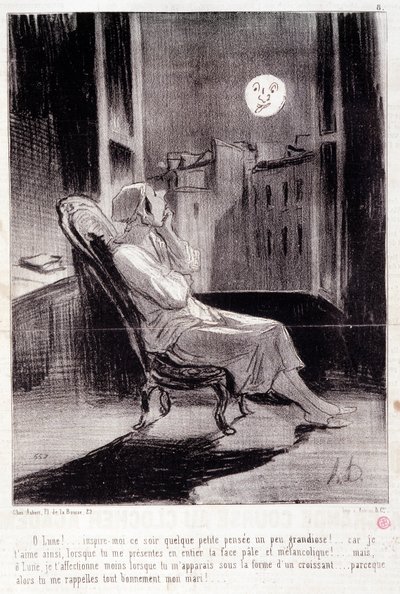 Kreskówka o kobietach pisarzy. Seria „” Bas Bleus””: „” O! Księżyc inspiruje mnie dziś wieczorem...”” Grawerowanie autorstwa Honore DAUMIER (1808-1879). Wyciąg z gazety „Le Charivari”” 28 lutego autorstwa Honoré Daumier