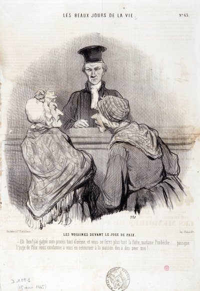 Karykatura o stosunkach sąsiedzkich: Seria „Piękne dni życia””: „”Sąsiedzi przed sprawiedliwością pokoju...”” Grawer Honore DAUMIER (1808-1879). Wyciąg z gazety „Le Charivari” z 15 maja autorstwa Honoré Daumier