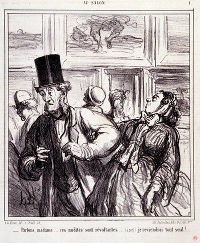 Karykatura o miłośnikach sztuki: Serie „”Au salon””: Zostawmy panią... te nagości to buntownicy... wrócę sama”” Grawer Honore DAUMIER (1808-1879). Wyciąg z gazety „Le Charivari” z 5 maja autorstwa Honoré Daumier