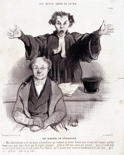 Karykatura o rozwodach: Seria „Piękne dni życia””: „”Prośba o separację…””. Grawerowanie autorstwa Honore DAUMIER (1808-1879). Wyciąg z gazety „Le Charivari”” 29 stycznia autorstwa Honoré Daumier