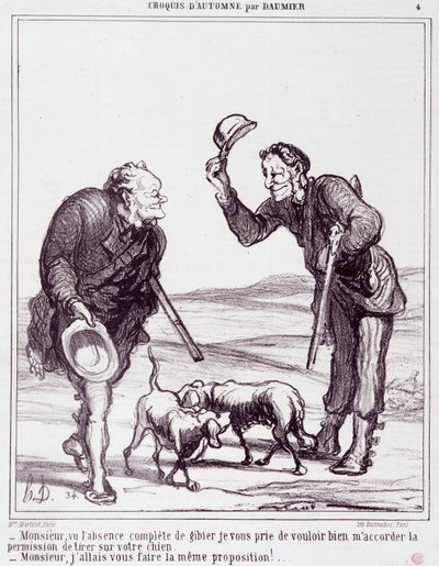 Karykatura o myśliwych: Seria „”Jesienny szkic””: „”Proszę pana, z uwagi na całkowity brak zwierzyny, proszę o pozwolenie na zastrzelenie pana psa...”” Grawer Honore DAUMIER (1808-1879). Wyciąg z gazety „Le Charivari” z 28 września autorstwa Honoré Daumier