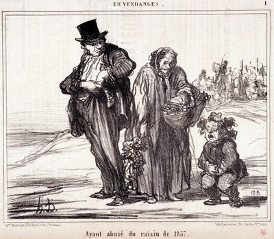 Kreskówka na uprawie winorośli. Seria „” Jesienny szkic””: „” W żniwach. O nadużyciu winogron z 1857 r.”” Grawer Honore DAUMIER (1808-1879). Wyciąg z gazety „Le Charivari”” 16 października autorstwa Honoré Daumier