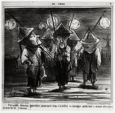 Patrol chiński, wojownicy za bardzo brali pod uwagę instrukcje, które otrzymali, aby oświetlić marsz wroga. In serie En Chine, ilustracja Honore Daumier (1808-1879), opublikowana w „Charivari” z 25 stycznia autorstwa Honoré Daumier