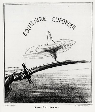 Równowaga europejska: japońskie odrodzenie. Tuż po przywróceniu reżimu cesarskiego w Japonii, po rezygnacji szoguny Tokugawy w listopadzie 1867 r. Ilustracja d