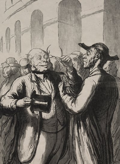 Wystawa uniwersalna: Inspekcja fotografii przy bramkach obrotowych.... autorstwa Honoré Daumier